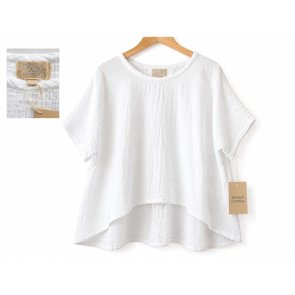 HONEST COTTON Women's White Gauze Short Sleeve Blouse